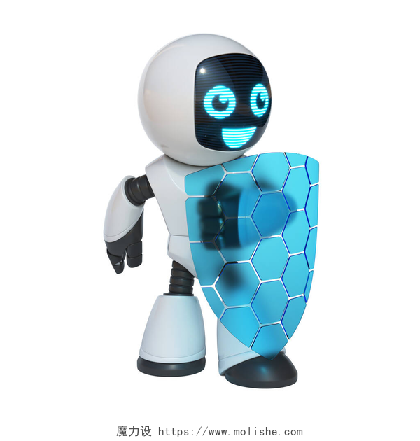 白色背景上的智能机器人具有透明屏蔽的小机器人，数据安全概念，3D渲染